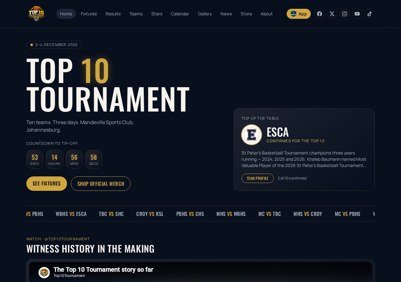 Top 10 Tournament homepage with event countdown and confirmed ESCA team