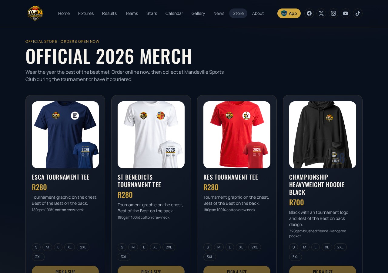 Top 10 Tournament online store featuring school supporter shirts and championship hoodie