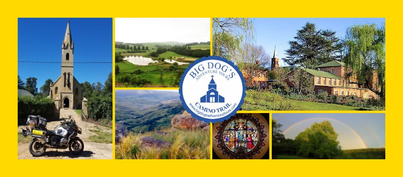 Big Dog's Adventure Tours Camino Trail collage — motorbike at a country church, green hills, mission buildings and a rainbow