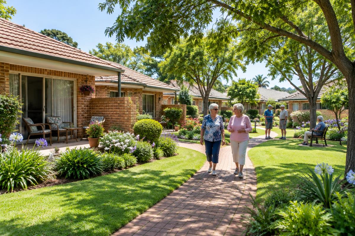 RYNPARK Retirement Estate — brick cottages and manicured gardens with residents on a sunny walkway