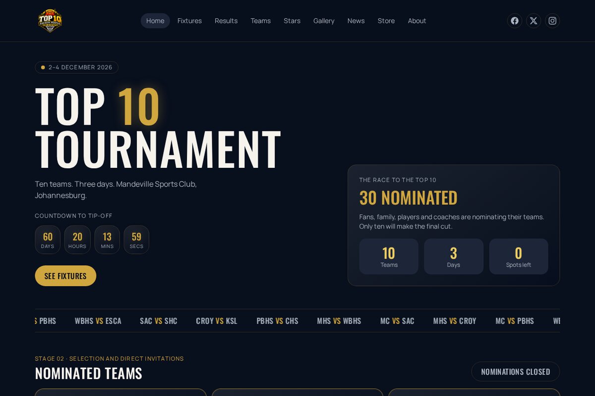 Top 10 Tournament website homepage with countdown, nominations and fixtures